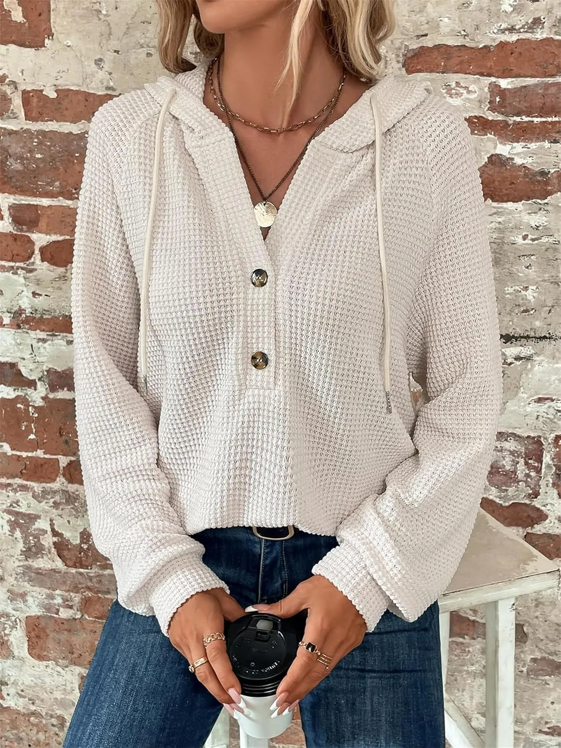 Hoodies for Women Waffle Knit Drawstring Button V Neck Long Sleeve Casual Pullover Oversized Hoodies Sweatshirts