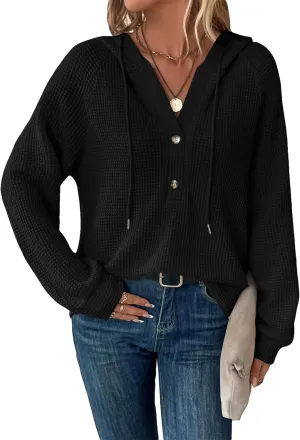 Hoodies for Women Waffle Knit Drawstring Button V Neck Long Sleeve Casual Pullover Oversized Hoodies Sweatshirts
