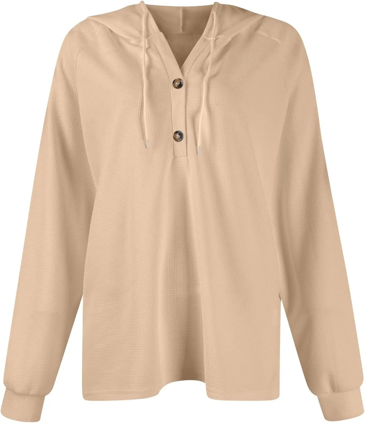 Hoodies for Women Waffle Knit Drawstring Button V Neck Sweatshirt Fall Loose Fit Long Sleeve Pullover