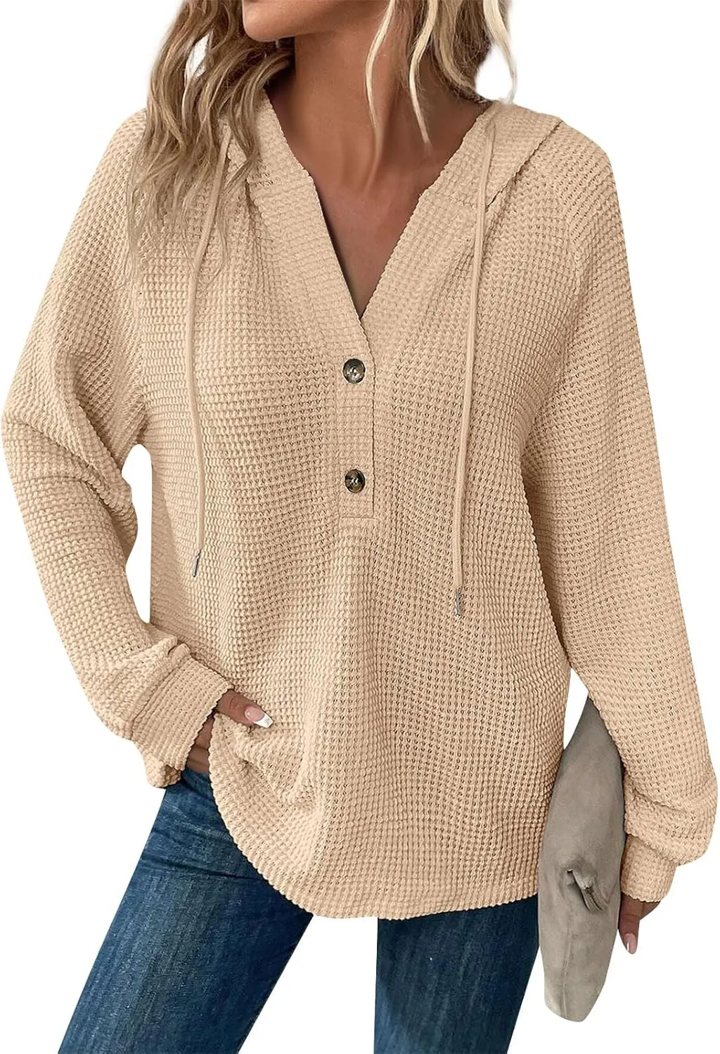 Hoodies for Women Waffle Knit Drawstring Button V Neck Sweatshirt Fall Loose Fit Long Sleeve Pullover