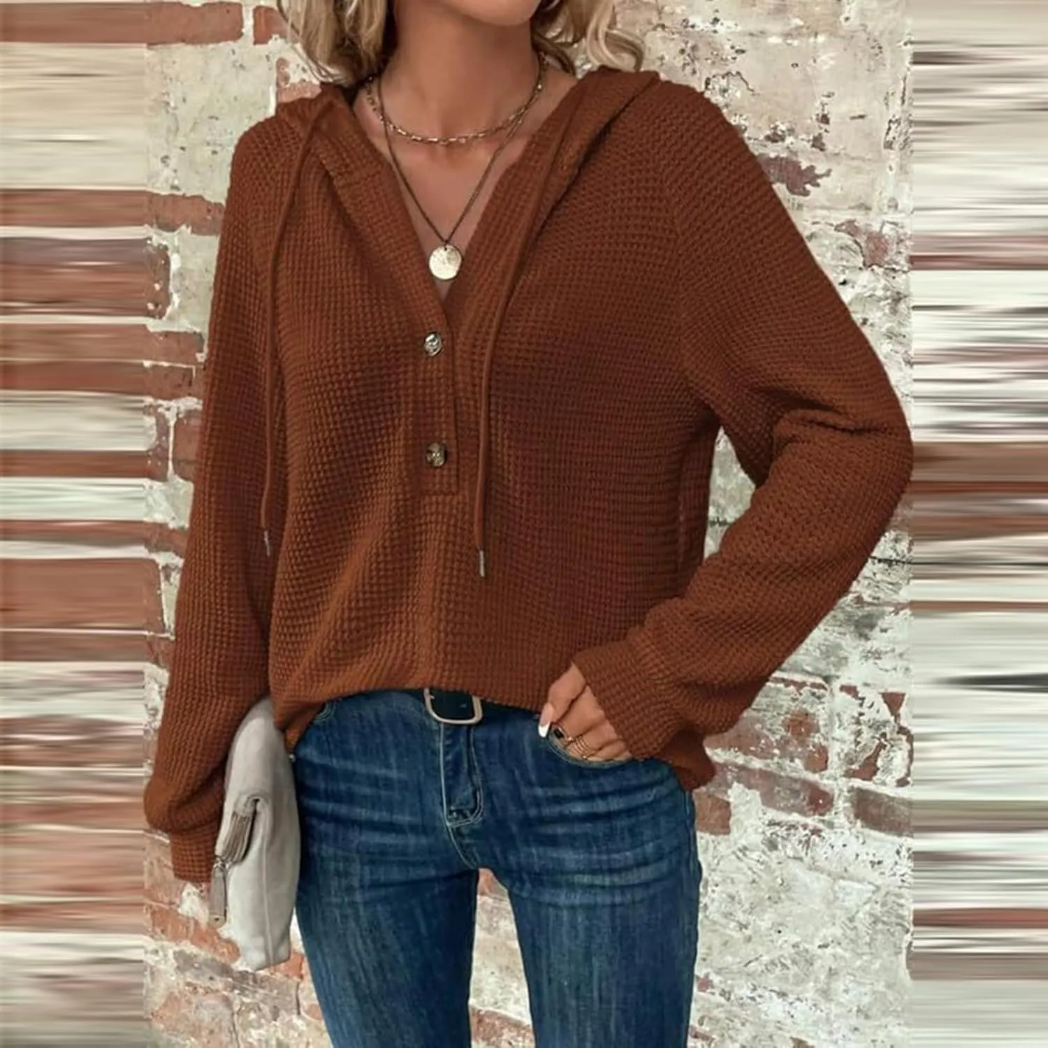Hoodies for Women Waffle Knit Drawstring Button V Neck Sweatshirt Fall Loose Fit Long Sleeve Pullover