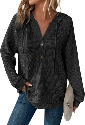 Hoodies for Women Waffle Knit Drawstring Button V Neck Sweatshirt Fall Loose Fit Long Sleeve Pullover