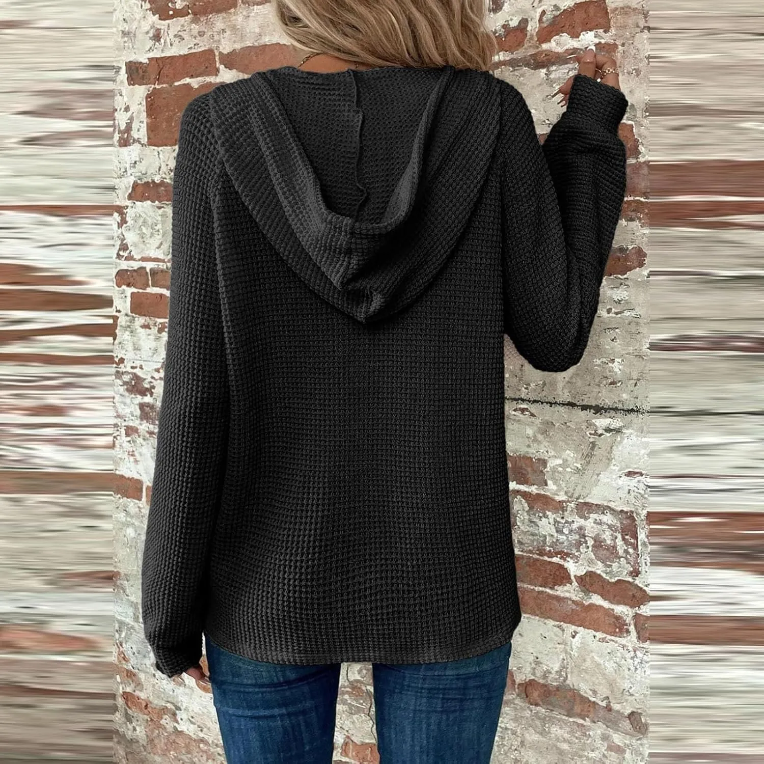 Hoodies for Women Waffle Knit Drawstring Button V Neck Sweatshirt Fall Loose Fit Long Sleeve Pullover