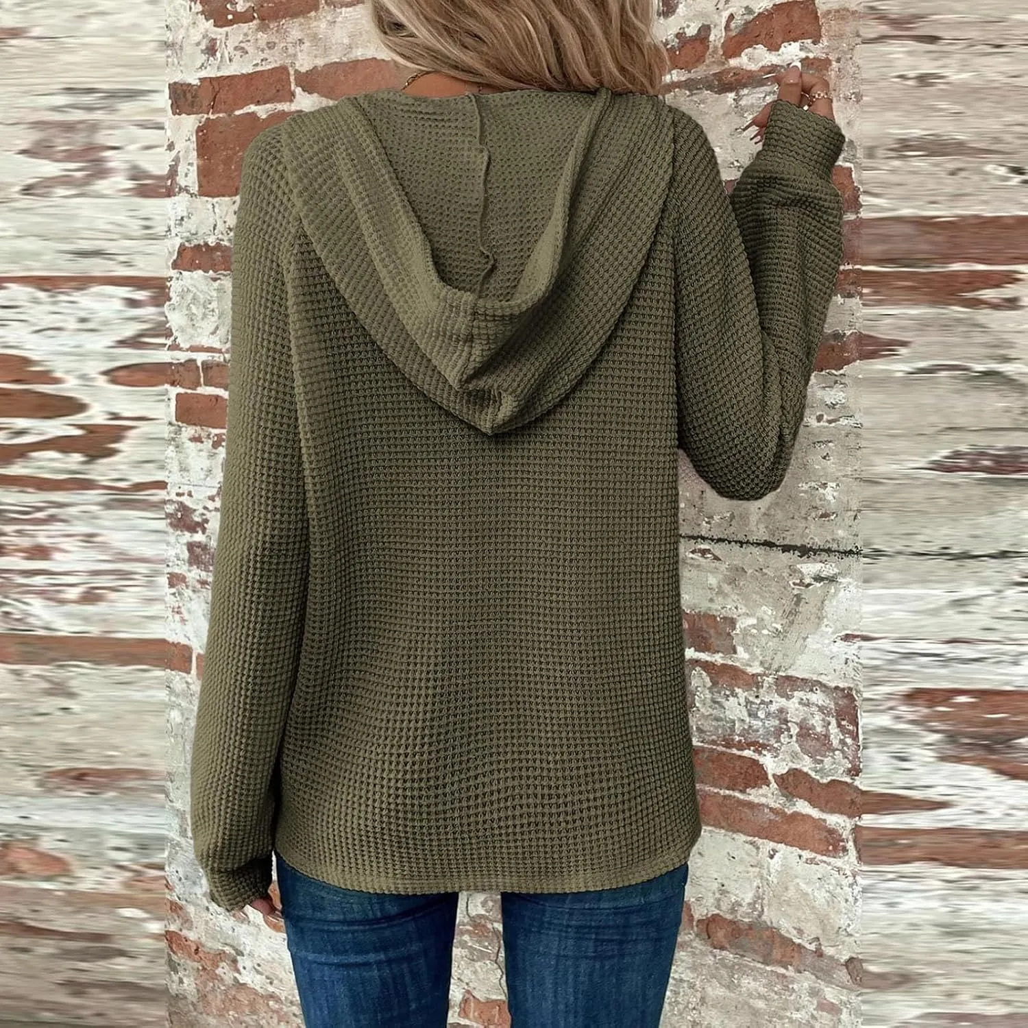 Hoodies for Women Waffle Knit Drawstring Button V Neck Sweatshirt Fall Loose Fit Long Sleeve Pullover