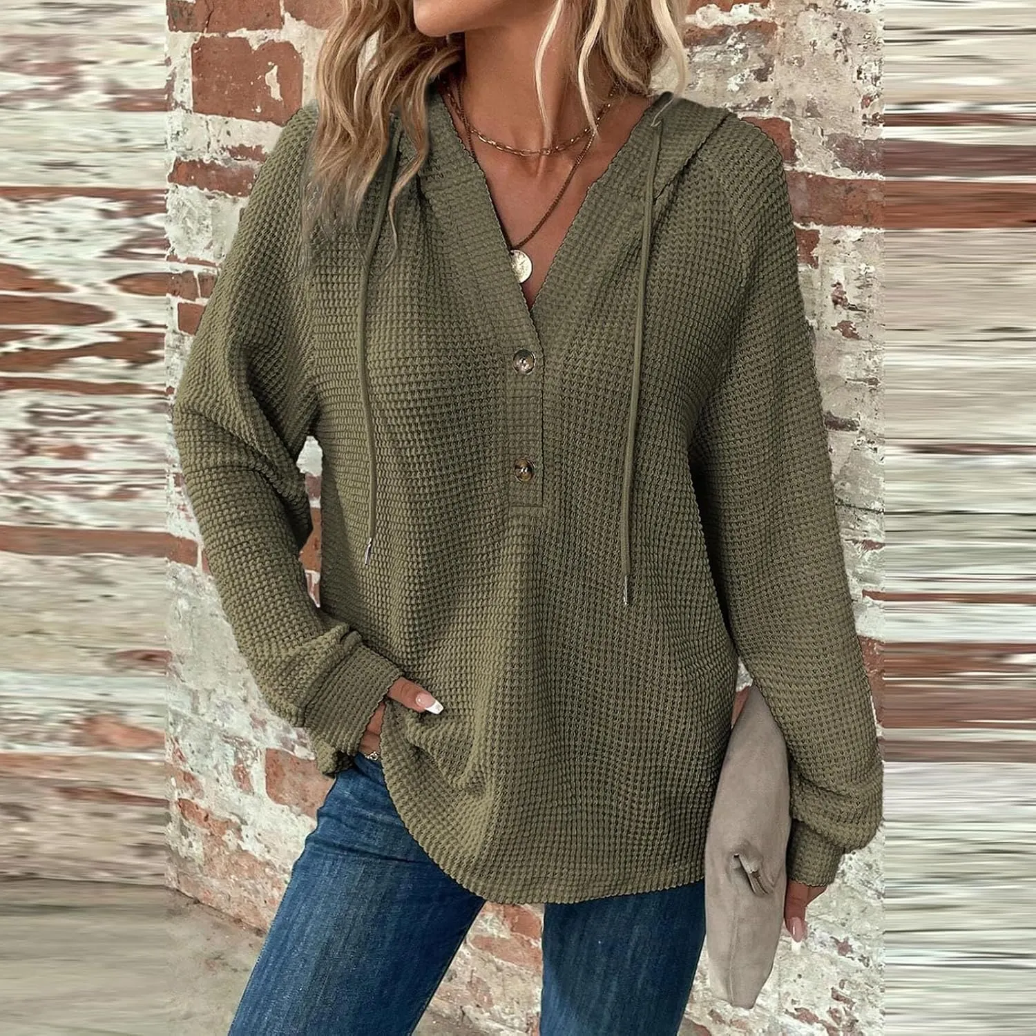 Hoodies for Women Waffle Knit Drawstring Button V Neck Sweatshirt Fall Loose Fit Long Sleeve Pullover