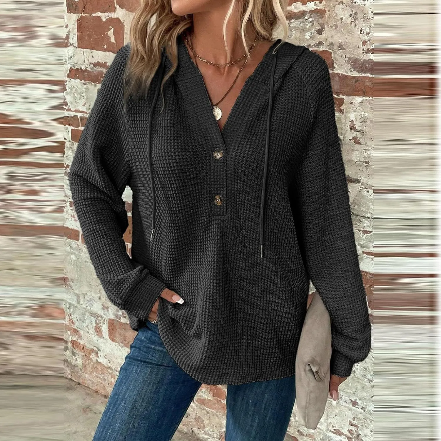 Hoodies for Women Waffle Knit Drawstring Button V Neck Sweatshirt Fall Loose Fit Long Sleeve Pullover