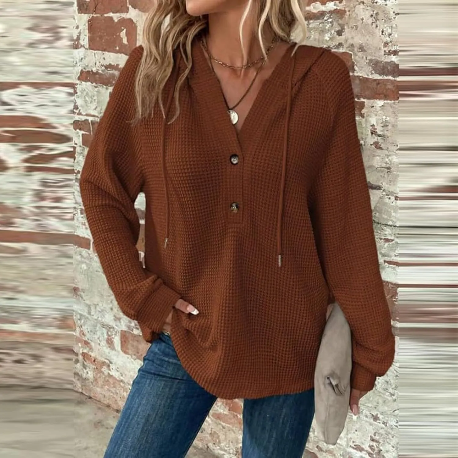 Hoodies for Women Waffle Knit Drawstring Button V Neck Sweatshirt Fall Loose Fit Long Sleeve Pullover