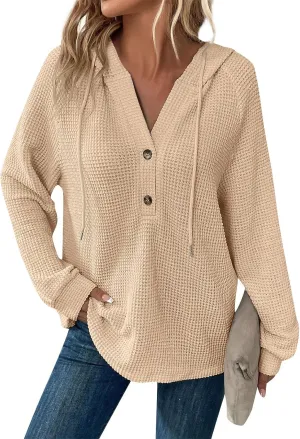 Hoodies for Women Waffle Knit Drawstring Button V Neck Sweatshirt Fall Loose Fit Long Sleeve Pullover