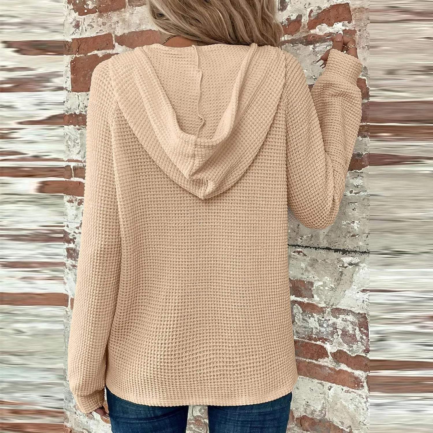 Hoodies for Women Waffle Knit Drawstring Button V Neck Sweatshirt Fall Loose Fit Long Sleeve Pullover