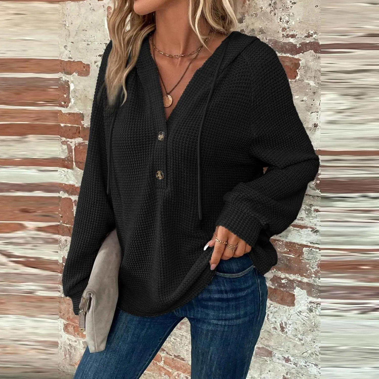 Hoodies for Women Waffle Knit Drawstring Button V Neck Sweatshirt Fall Loose Fit Long Sleeve Pullover