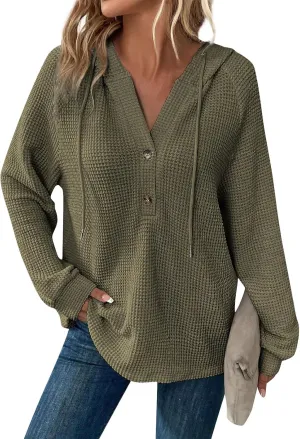 Hoodies for Women Waffle Knit Drawstring Button V Neck Sweatshirt Fall Loose Fit Long Sleeve Pullover