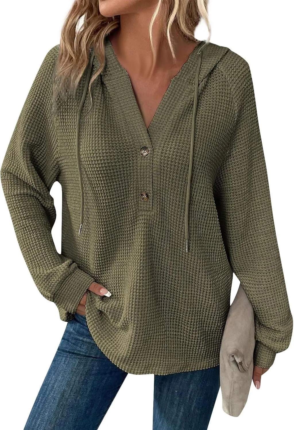 Hoodies for Women Waffle Knit Drawstring Button V Neck Sweatshirt Fall Loose Fit Long Sleeve Pullover