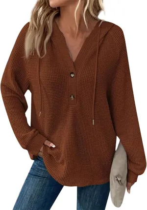 Hoodies for Women Waffle Knit Drawstring Button V Neck Sweatshirt Fall Loose Fit Long Sleeve Pullover