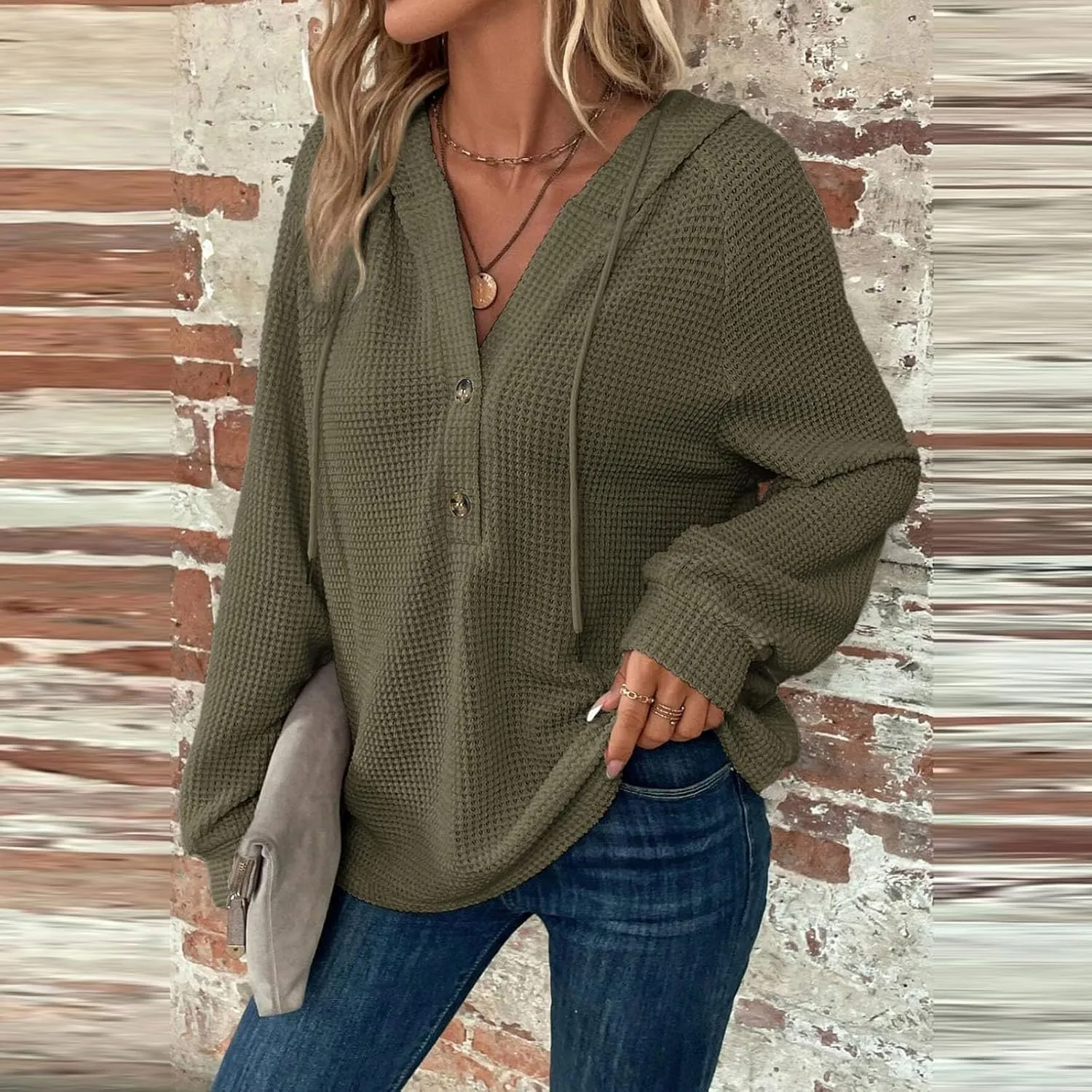Hoodies for Women Waffle Knit Drawstring Button V Neck Sweatshirt Fall Loose Fit Long Sleeve Pullover