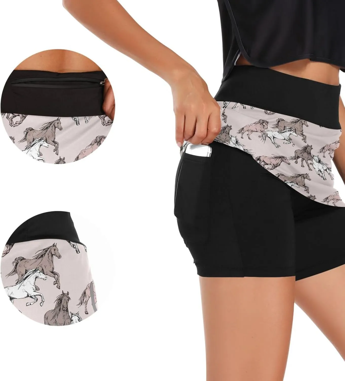 Horses Women's Tennis Skirts Golf Skorts Running Shorts with Pockets