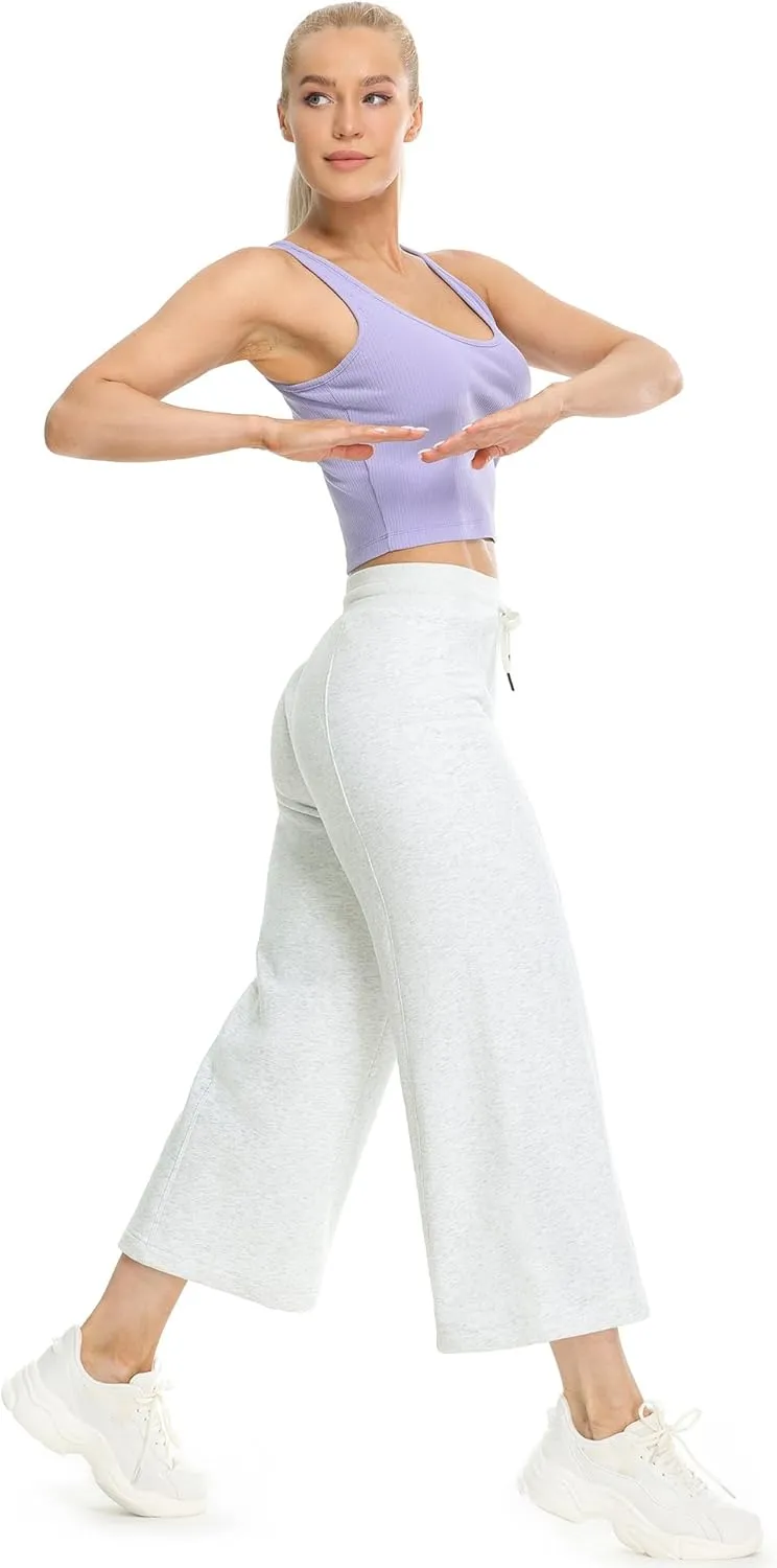 icyzone Women's High Waisted Fleece Lined Wide Leg Cropped Sweatpants, Drawstring Thick Comfy Jogger Pants
