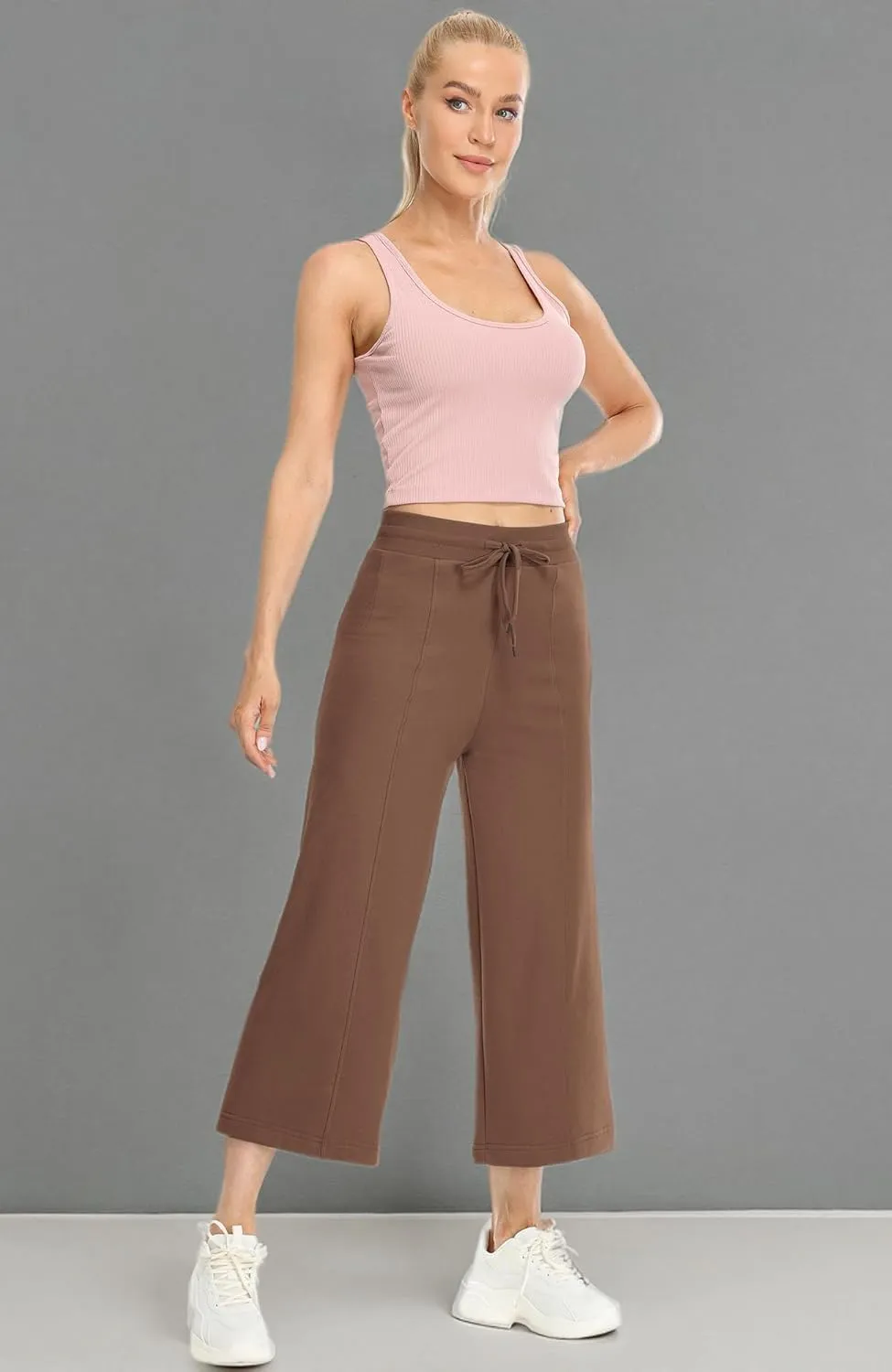icyzone Women's High Waisted Fleece Lined Wide Leg Cropped Sweatpants, Drawstring Thick Comfy Jogger Pants