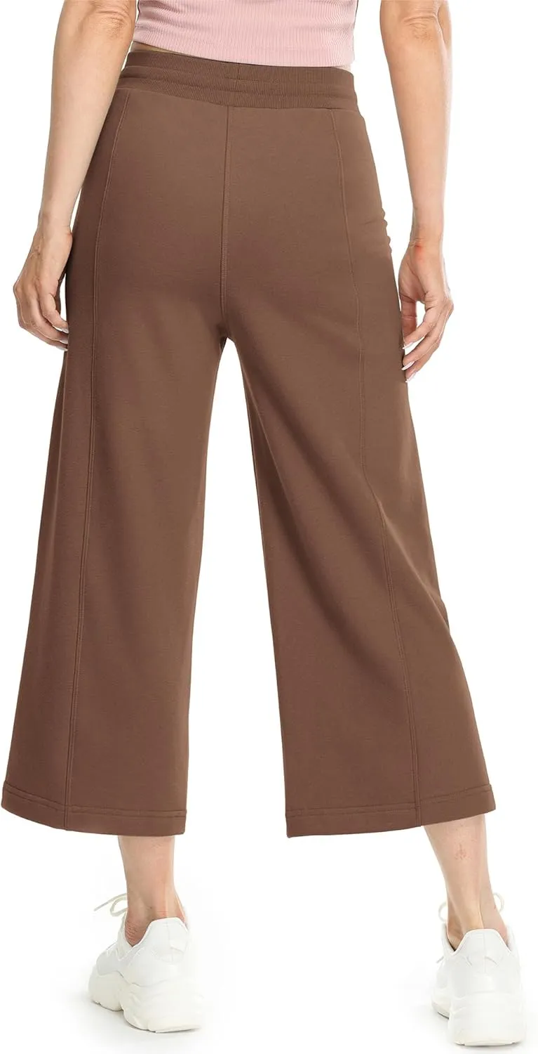 icyzone Women's High Waisted Fleece Lined Wide Leg Cropped Sweatpants, Drawstring Thick Comfy Jogger Pants