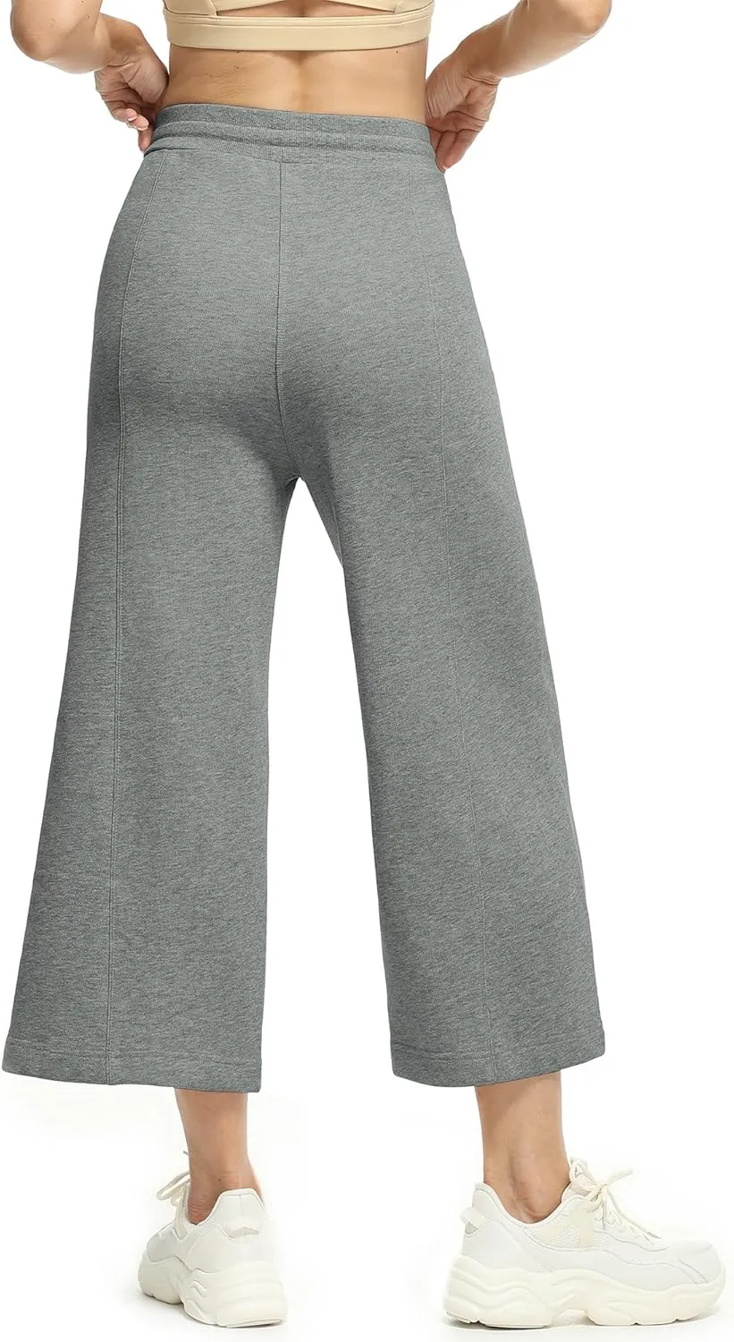 icyzone Women's High Waisted Fleece Lined Wide Leg Cropped Sweatpants, Drawstring Thick Comfy Jogger Pants