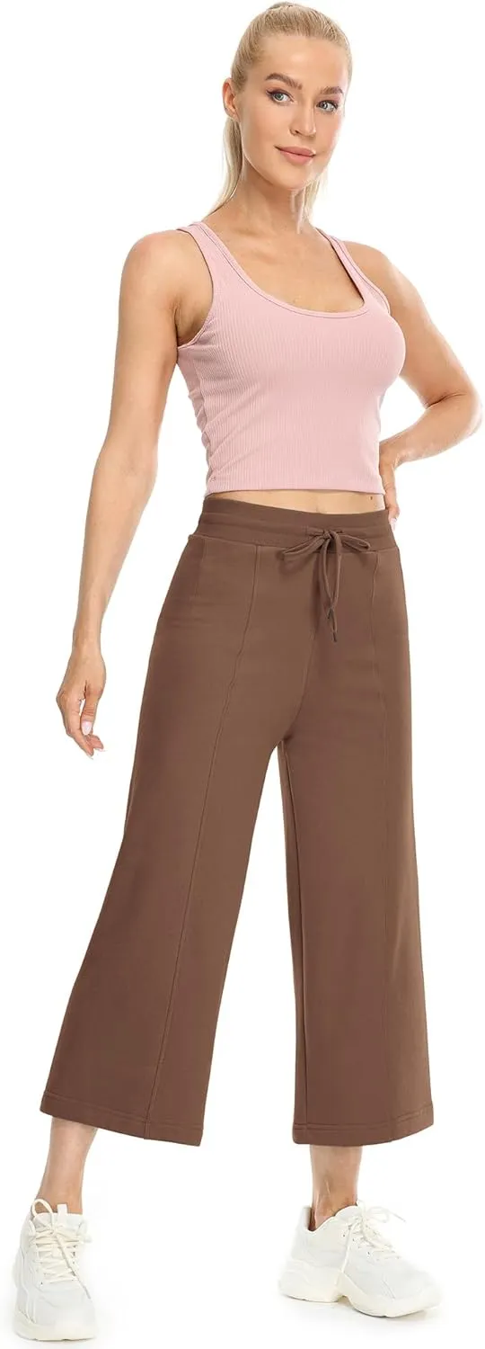 icyzone Women's High Waisted Fleece Lined Wide Leg Cropped Sweatpants, Drawstring Thick Comfy Jogger Pants