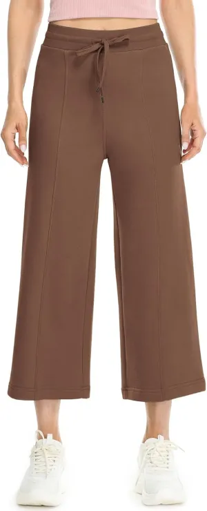 icyzone Women's High Waisted Fleece Lined Wide Leg Cropped Sweatpants, Drawstring Thick Comfy Jogger Pants