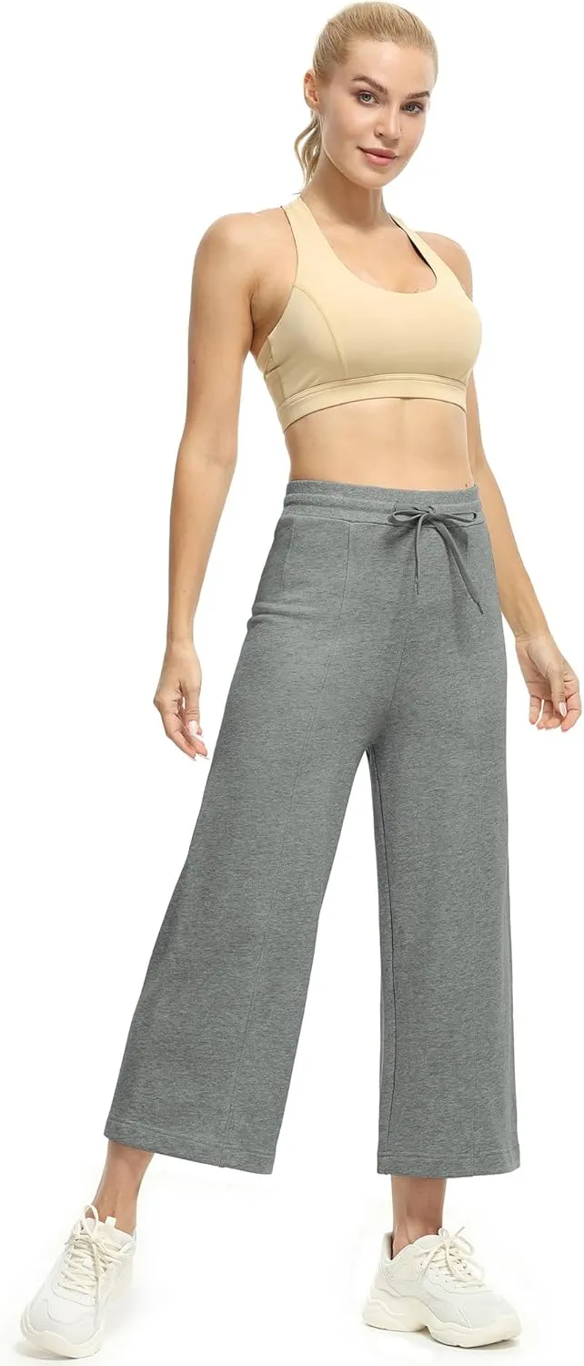 icyzone Women's High Waisted Fleece Lined Wide Leg Cropped Sweatpants, Drawstring Thick Comfy Jogger Pants