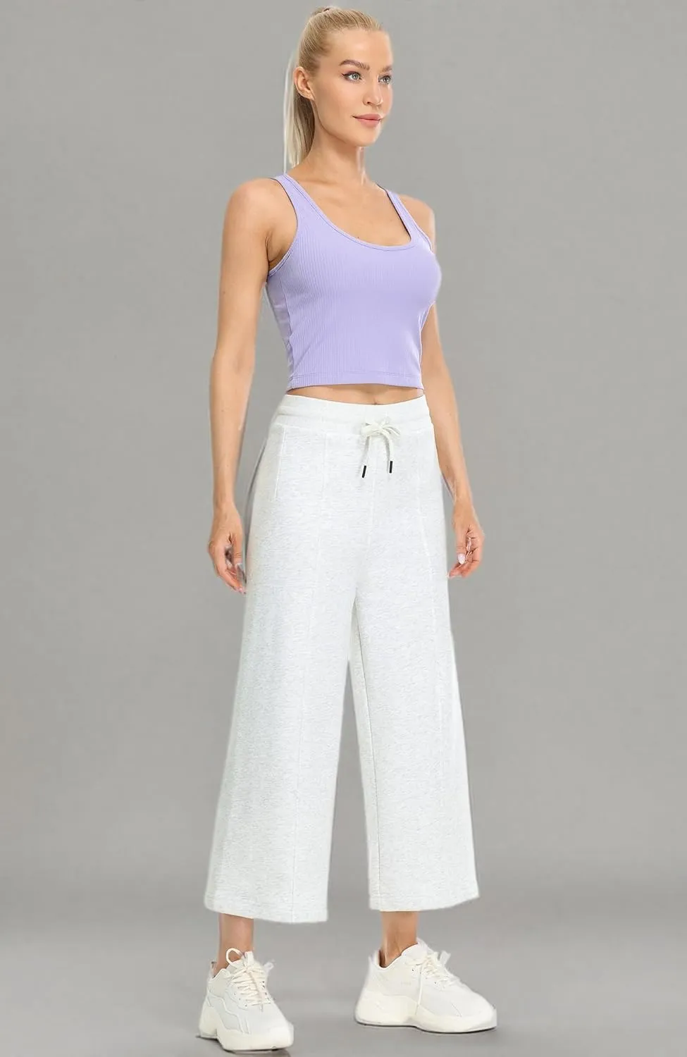 icyzone Women's High Waisted Fleece Lined Wide Leg Cropped Sweatpants, Drawstring Thick Comfy Jogger Pants