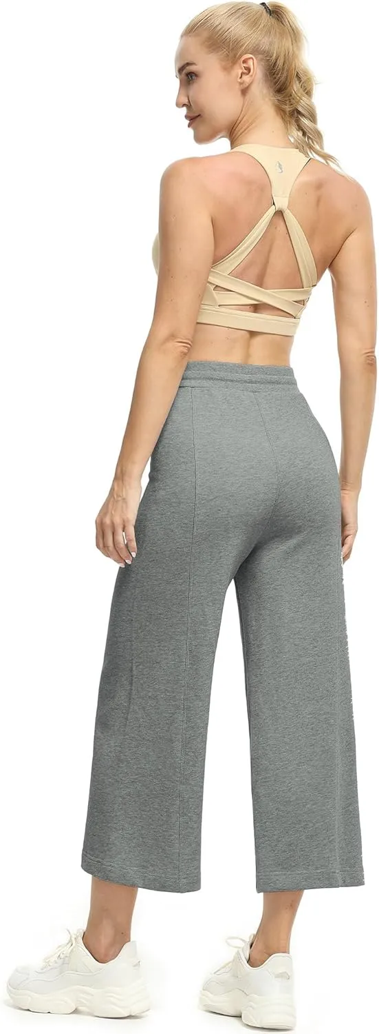 icyzone Women's High Waisted Fleece Lined Wide Leg Cropped Sweatpants, Drawstring Thick Comfy Jogger Pants