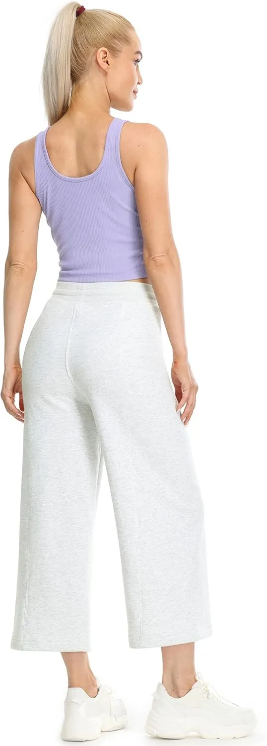 icyzone Women's High Waisted Fleece Lined Wide Leg Cropped Sweatpants, Drawstring Thick Comfy Jogger Pants