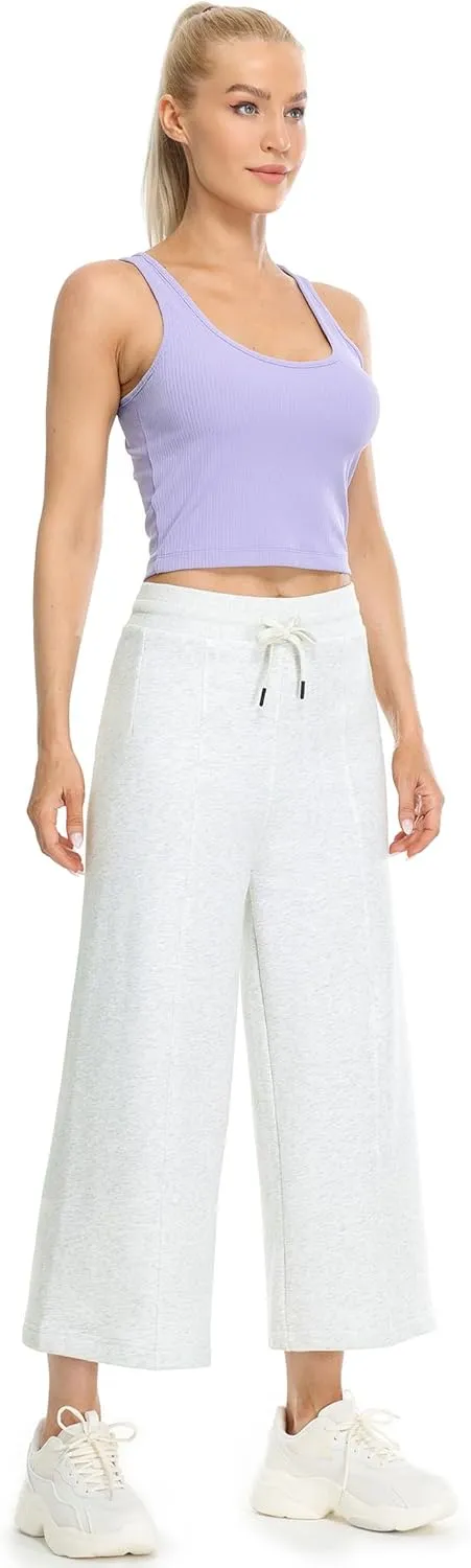 icyzone Women's High Waisted Fleece Lined Wide Leg Cropped Sweatpants, Drawstring Thick Comfy Jogger Pants