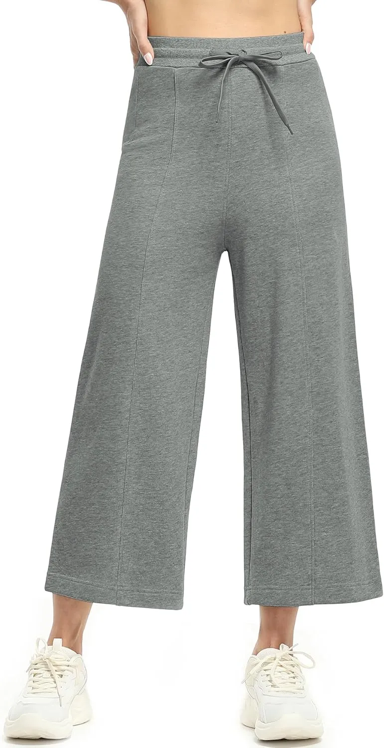 icyzone Women's High Waisted Fleece Lined Wide Leg Cropped Sweatpants, Drawstring Thick Comfy Jogger Pants