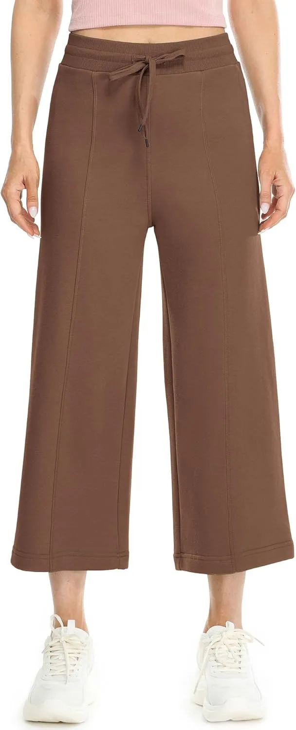 icyzone Women's High Waisted Fleece Lined Wide Leg Cropped Sweatpants, Drawstring Thick Comfy Jogger Pants