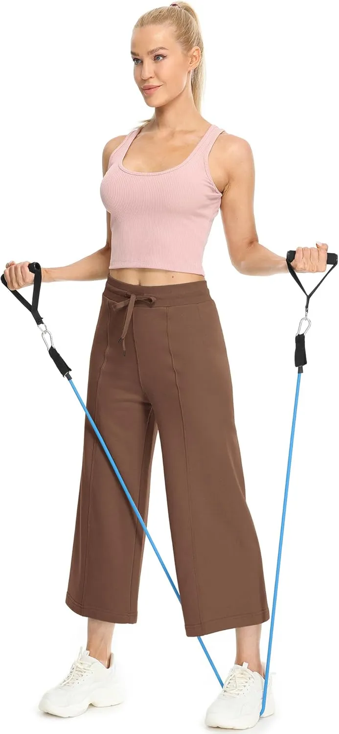 icyzone Women's High Waisted Fleece Lined Wide Leg Cropped Sweatpants, Drawstring Thick Comfy Jogger Pants