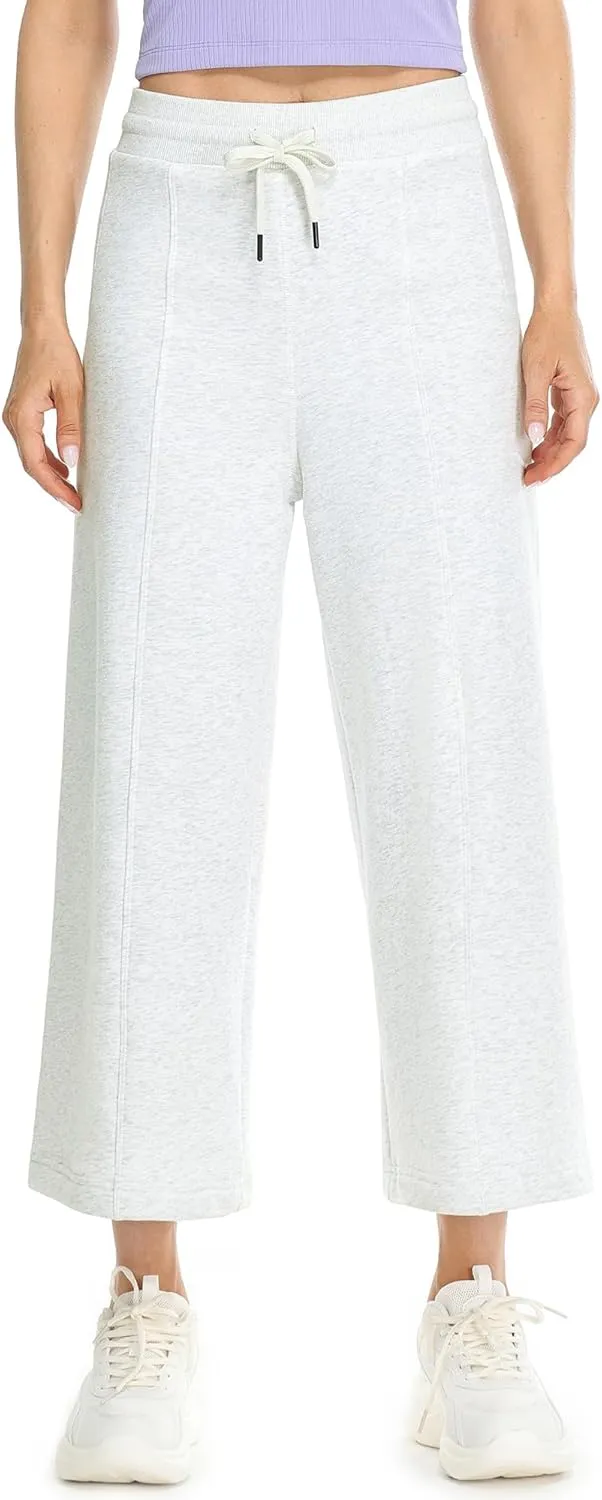 icyzone Women's High Waisted Fleece Lined Wide Leg Cropped Sweatpants, Drawstring Thick Comfy Jogger Pants