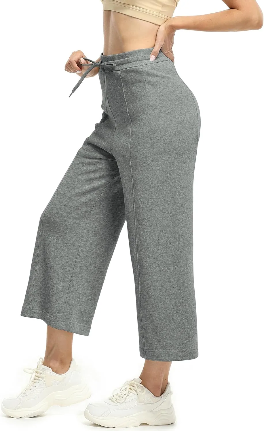 icyzone Women's High Waisted Fleece Lined Wide Leg Cropped Sweatpants, Drawstring Thick Comfy Jogger Pants