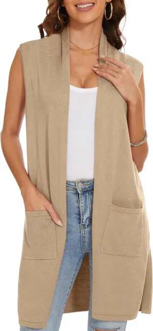 INKOFF Women's Long Knit Cardigan Vest Sleeveless Sweater Pockets Open Front Draped Duster Vest Casual