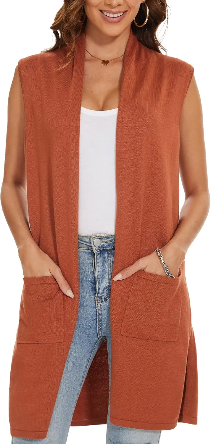 INKOFF Women's Long Knit Cardigan Vest Sleeveless Sweater Pockets Open Front Draped Duster Vest Casual