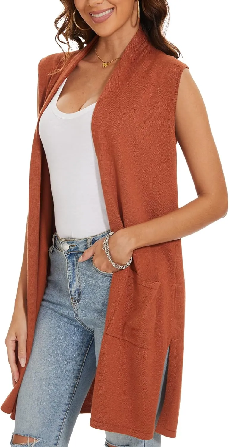 INKOFF Women's Long Knit Cardigan Vest Sleeveless Sweater Pockets Open Front Draped Duster Vest Casual