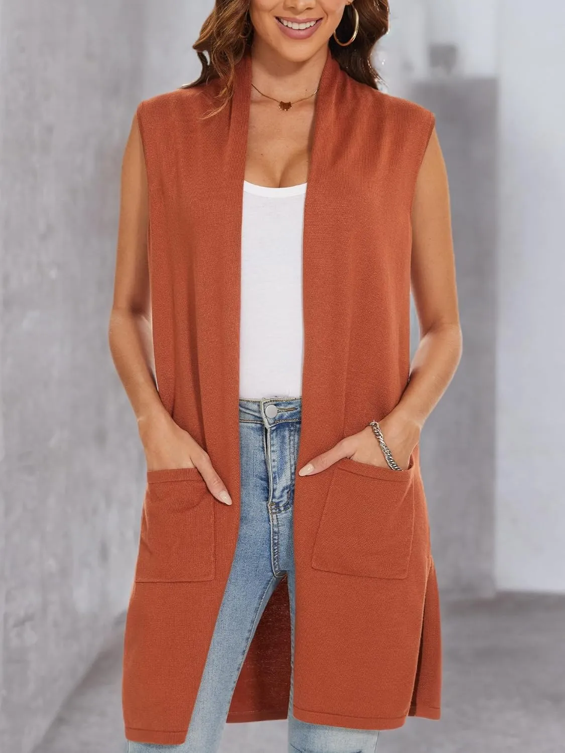 INKOFF Women's Long Knit Cardigan Vest Sleeveless Sweater Pockets Open Front Draped Duster Vest Casual