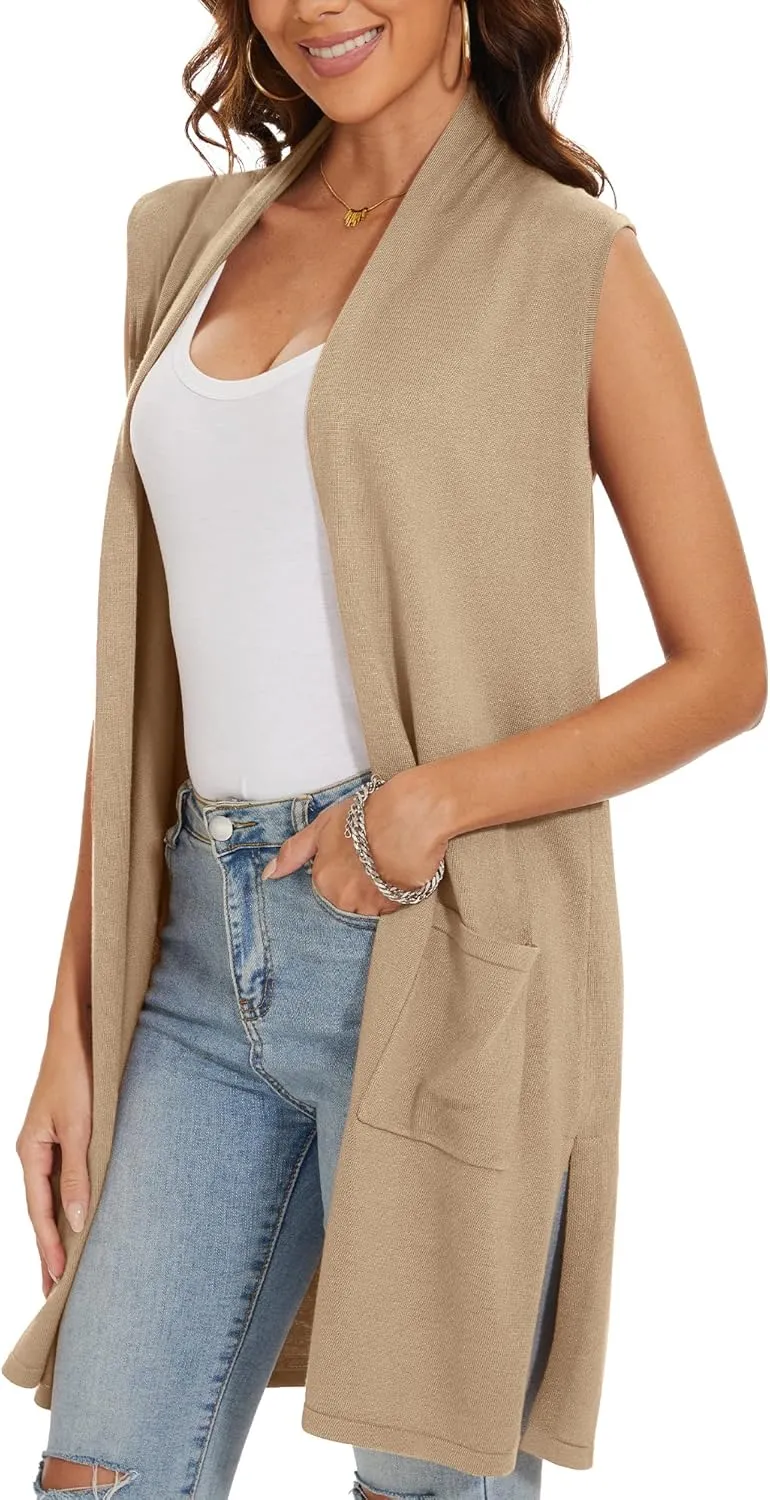 INKOFF Women's Long Knit Cardigan Vest Sleeveless Sweater Pockets Open Front Draped Duster Vest Casual