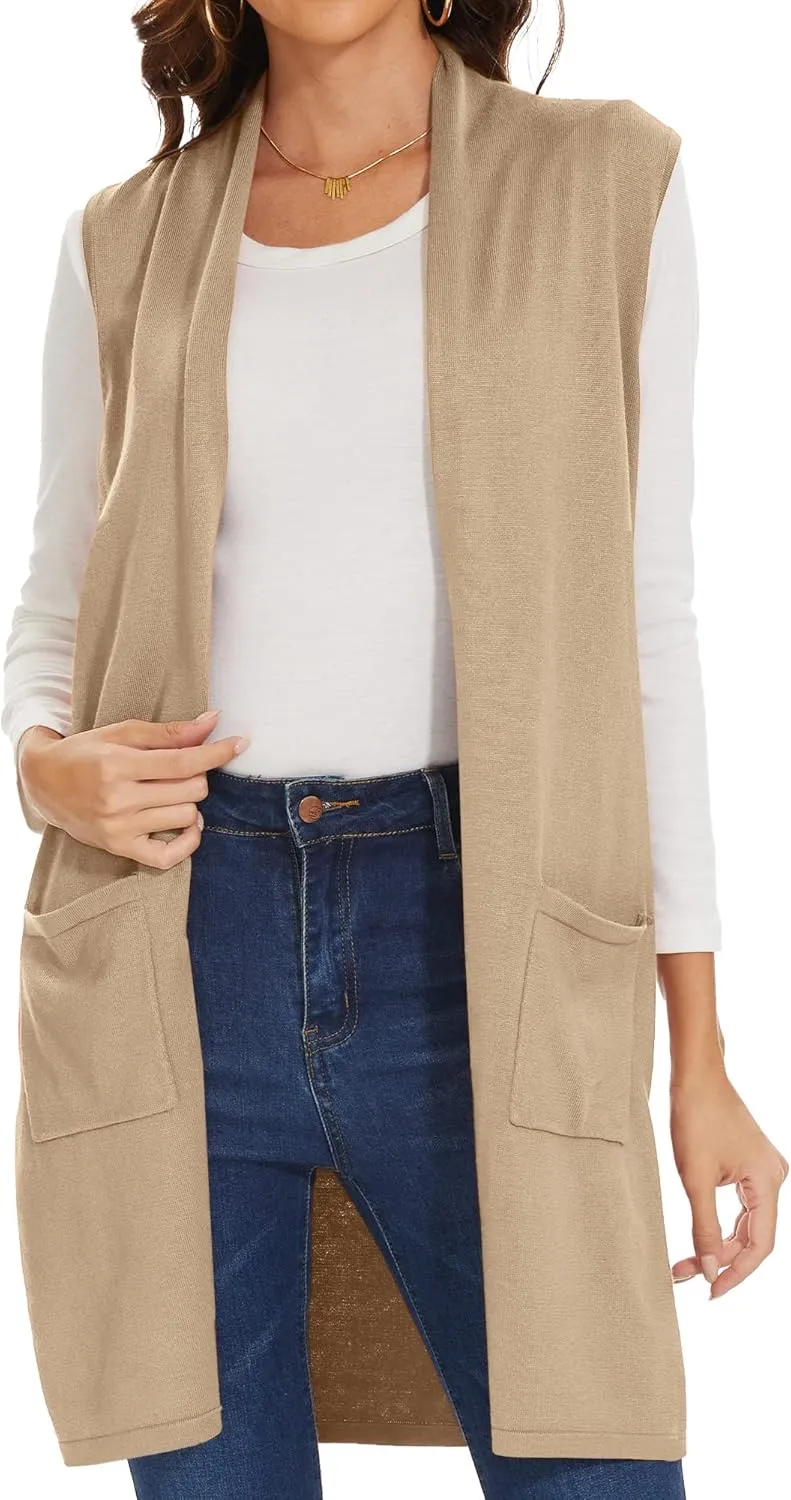 INKOFF Women's Long Knit Cardigan Vest Sleeveless Sweater Pockets Open Front Draped Duster Vest Casual