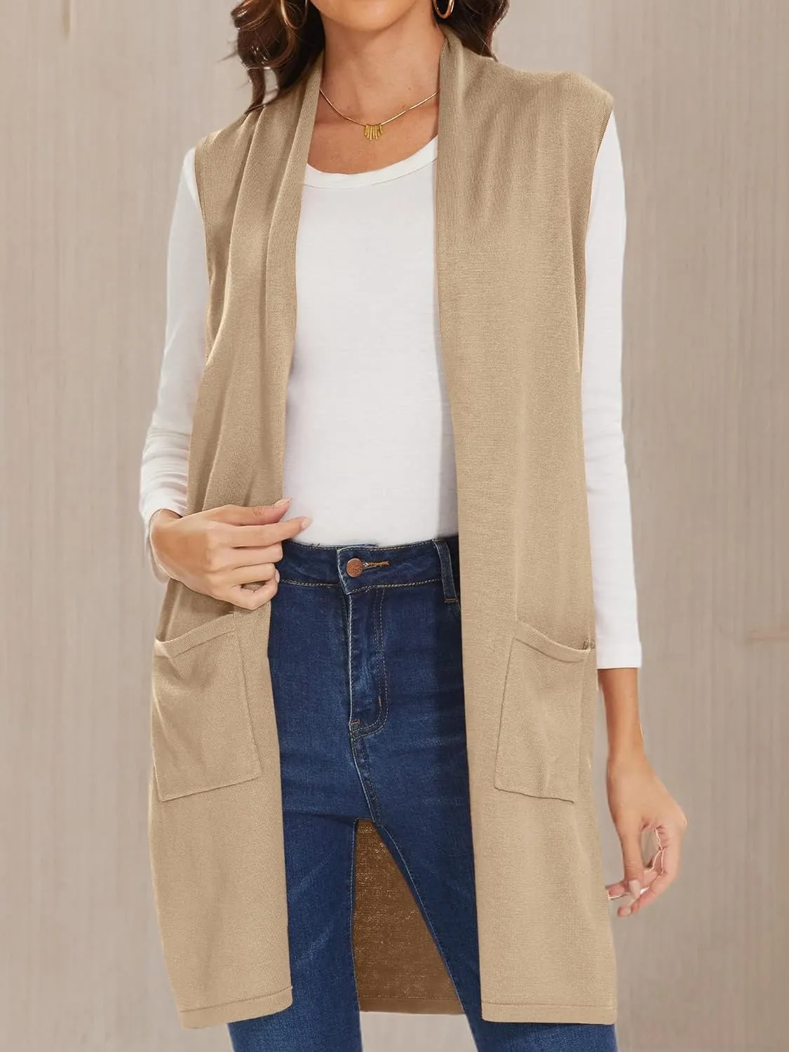 INKOFF Women's Long Knit Cardigan Vest Sleeveless Sweater Pockets Open Front Draped Duster Vest Casual