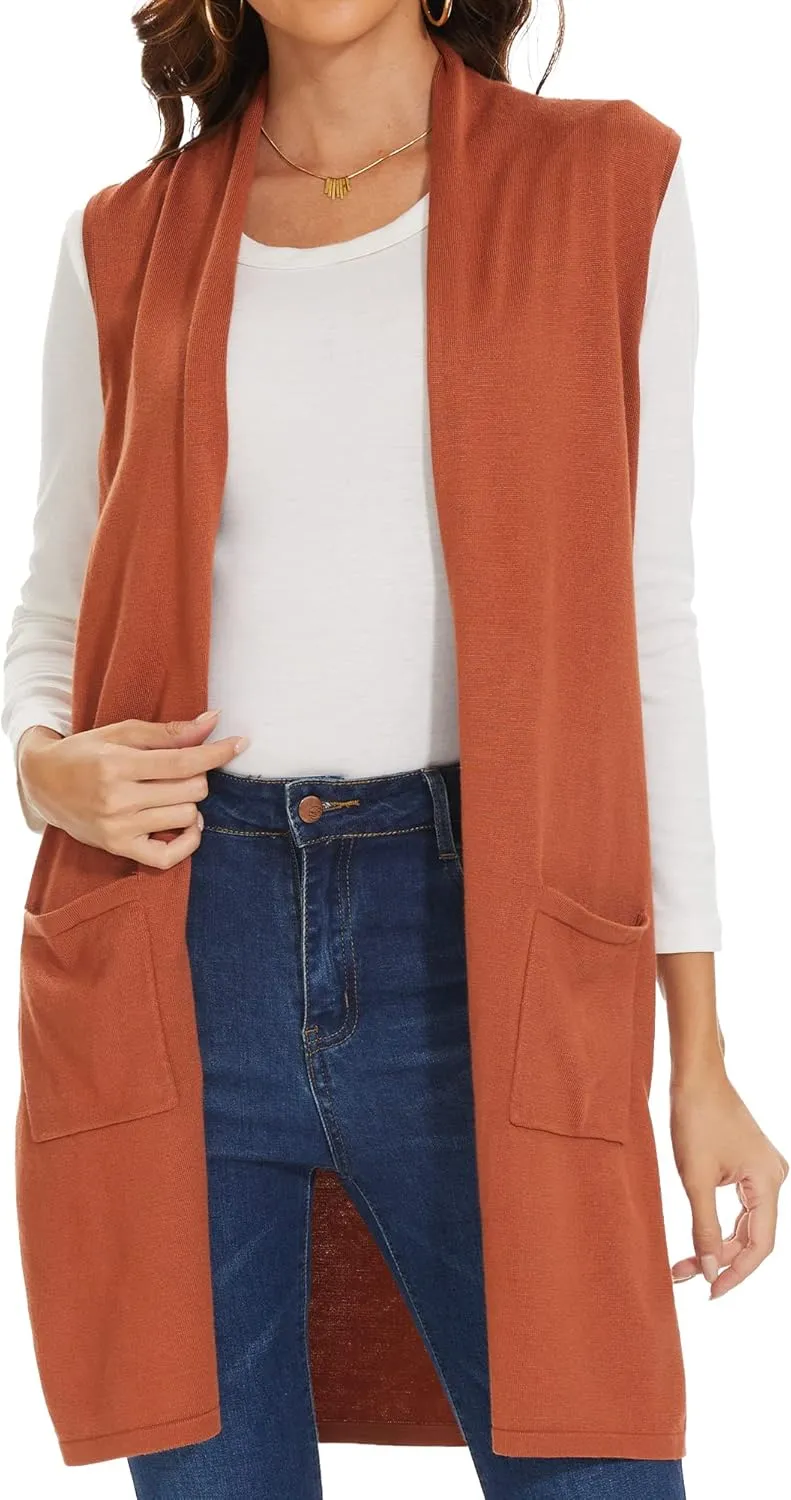 INKOFF Women's Long Knit Cardigan Vest Sleeveless Sweater Pockets Open Front Draped Duster Vest Casual