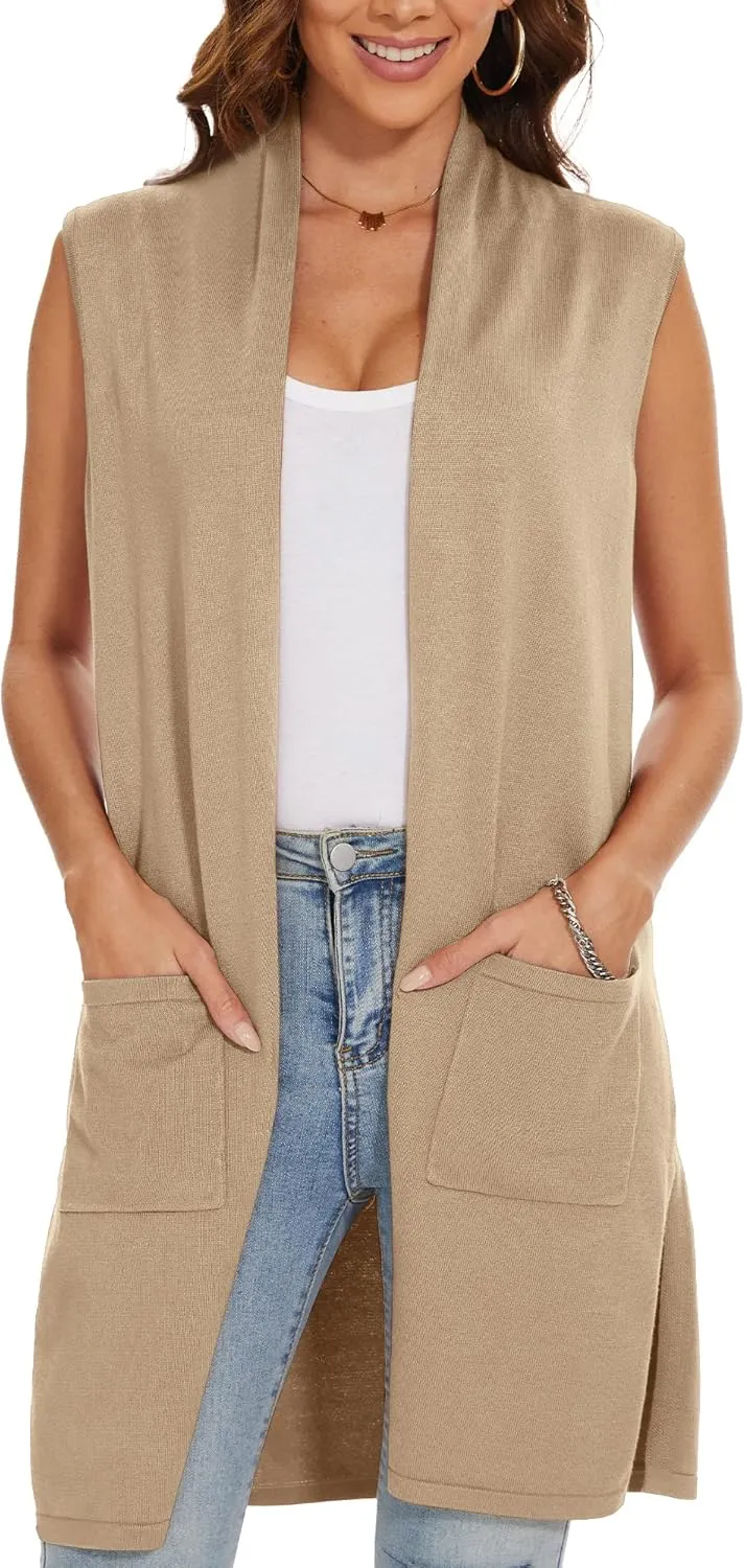 INKOFF Women's Long Knit Cardigan Vest Sleeveless Sweater Pockets Open Front Draped Duster Vest Casual