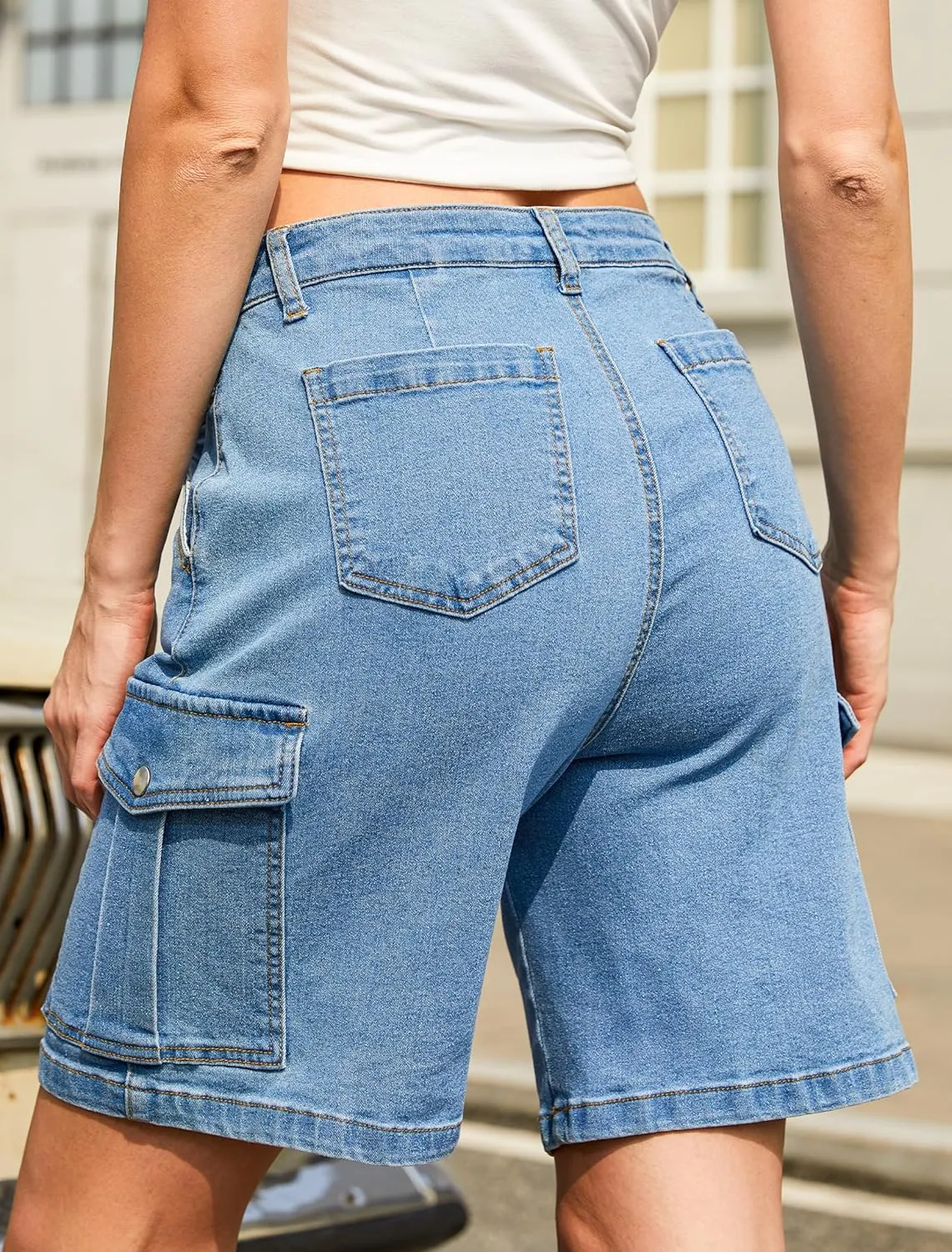 IWD Bermuda Cargo Denim Shorts for Women Knee Length 6 Pockets Elastic Waist Long Jorts for Summer Casual