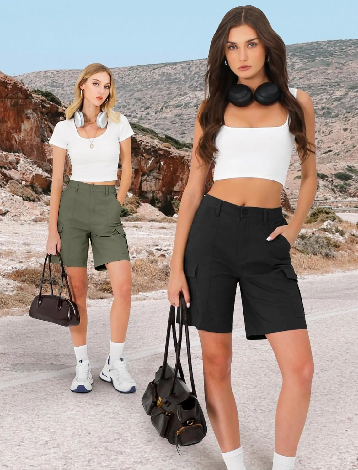 IWD Bermuda Cargo Denim Shorts for Women Knee Length 6 Pockets Elastic Waist Long Jorts for Summer Casual