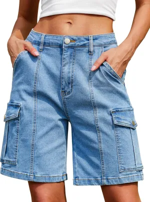 IWD Bermuda Cargo Denim Shorts for Women Knee Length 6 Pockets Elastic Waist Long Jorts for Summer Casual