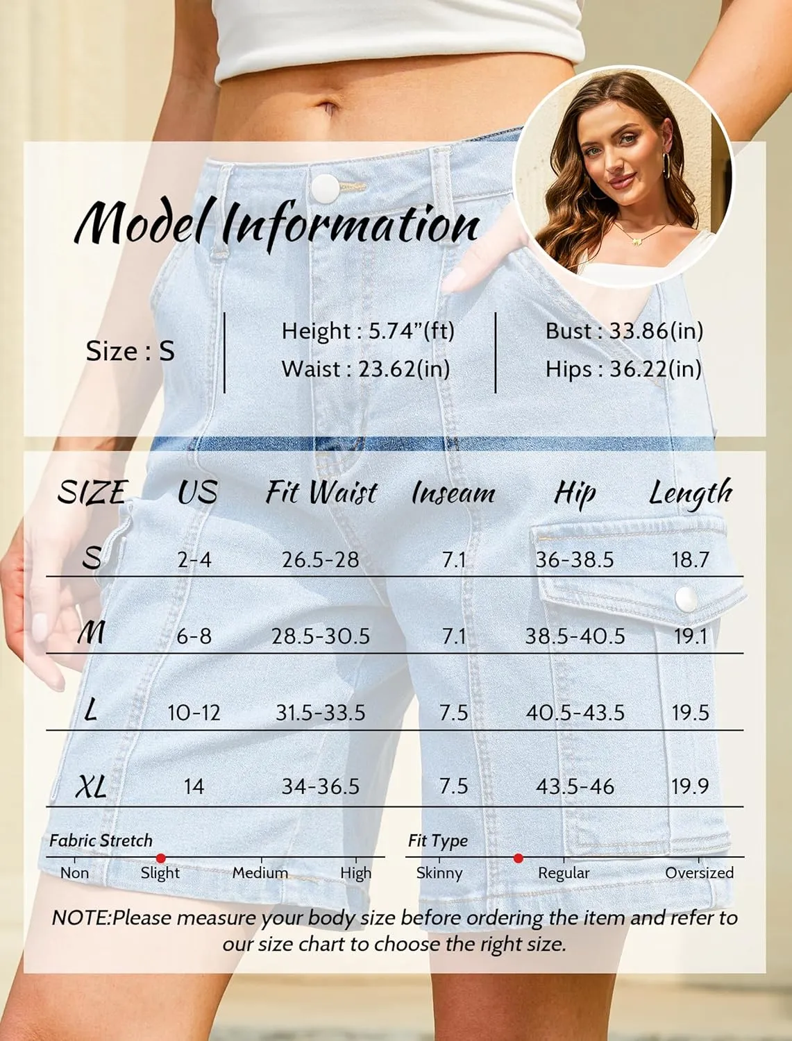 IWD Bermuda Cargo Denim Shorts for Women Knee Length 6 Pockets Elastic Waist Long Jorts for Summer Casual