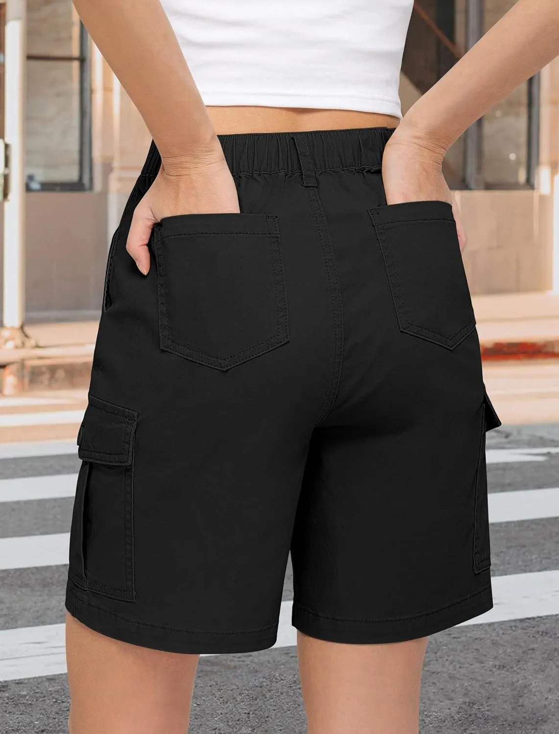IWD Bermuda Cargo Denim Shorts for Women Knee Length 6 Pockets Elastic Waist Long Jorts for Summer Casual