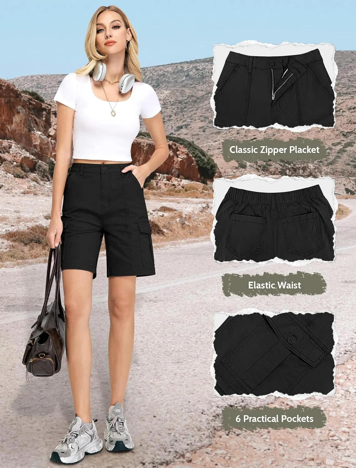 IWD Bermuda Cargo Denim Shorts for Women Knee Length 6 Pockets Elastic Waist Long Jorts for Summer Casual